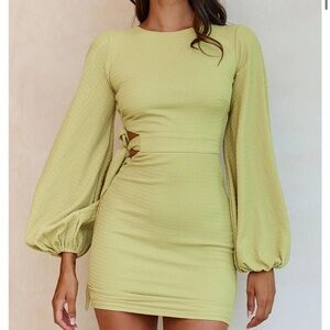 Selfie Leslie Talk Of The Town Long Lantern Sleeve Side Tie Bodycon Dress Olive